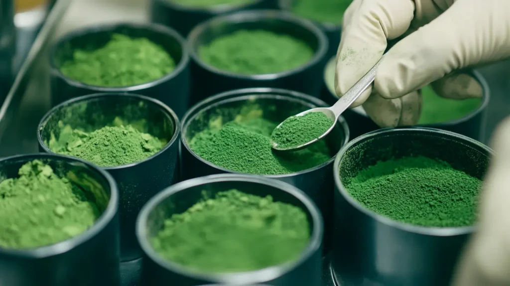 Un hombre tomando muestras de diferentes lotes de kratom