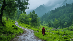 A kratom forest in thailand, with a farmer walking.