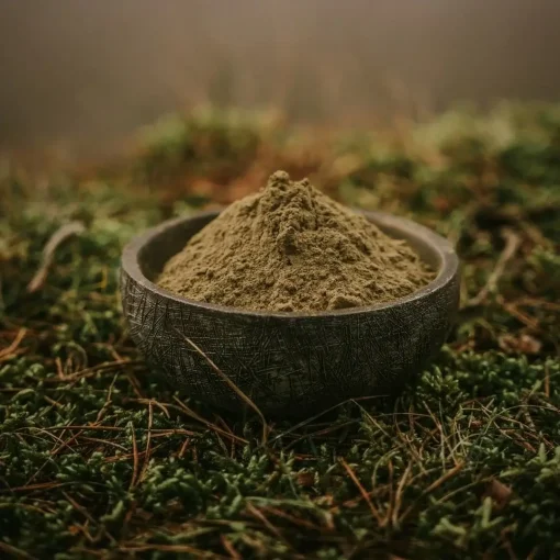 Red Maeng Da kratom in a bowl in nature.