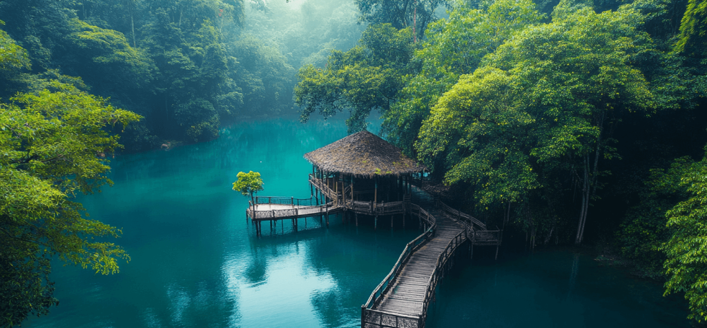 A mitragyna javanica hirsuta farm that is in fornt of a lake.