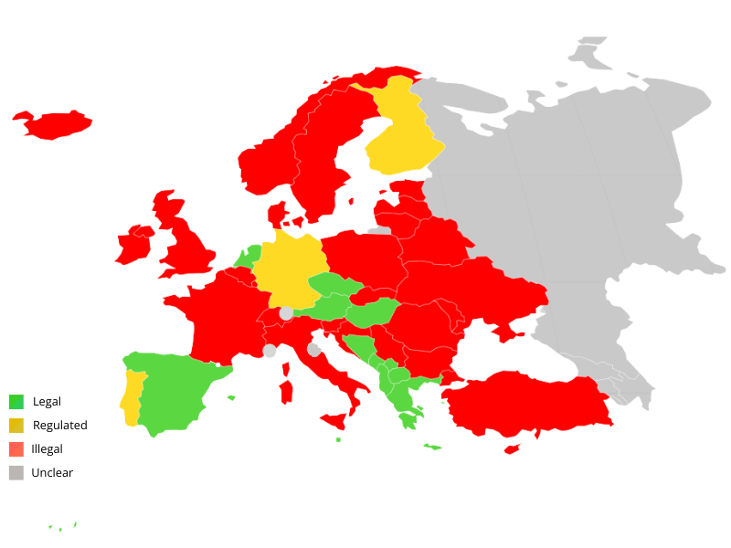 un mapa de europa que muestra en qué países el kratom es legal e ilegal