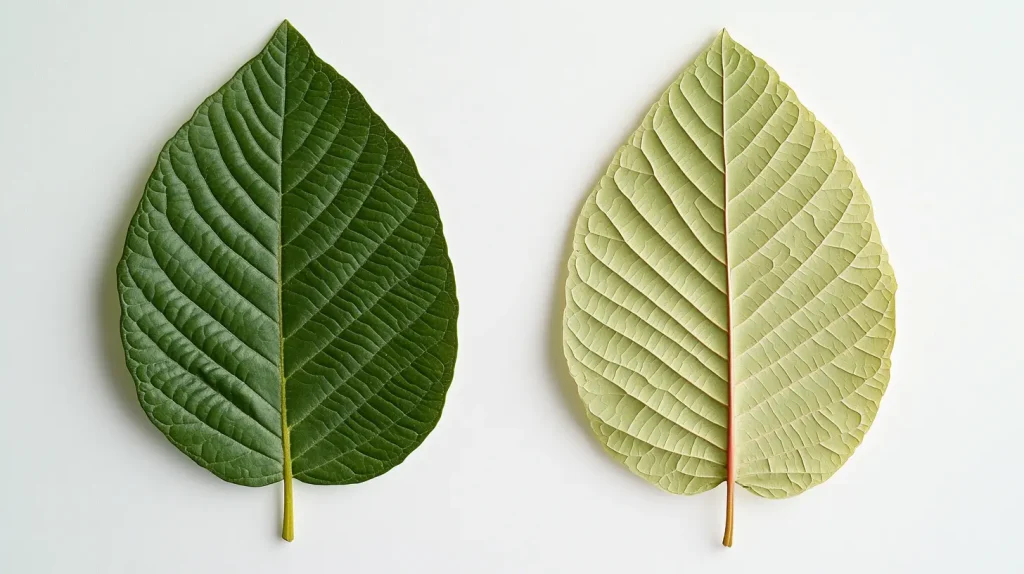 Dos hojas de kratom, una hacia arriba y otra hacia abajo.