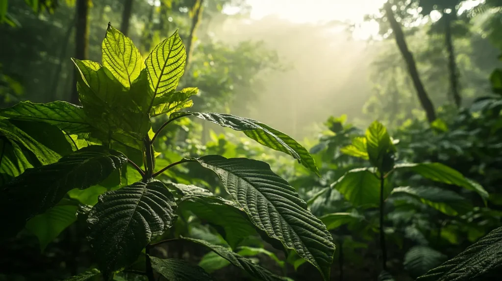 Un árbol de kratom silvestre en una densa selva tropical