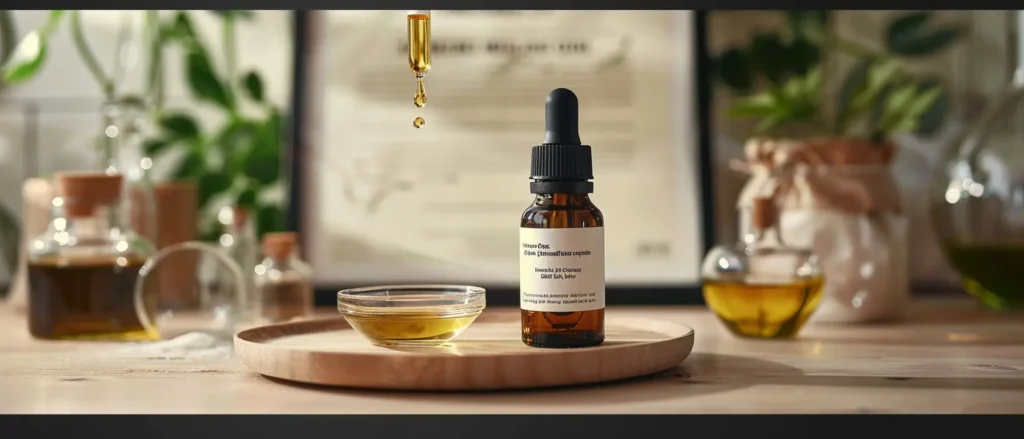 Olie cbd – druppelflesje van amberkleurig glas; pipet laat een gele druppel vallen in een glazen schaaltje op een houten dienblad, met een schone, betrouwbare labsfeer.