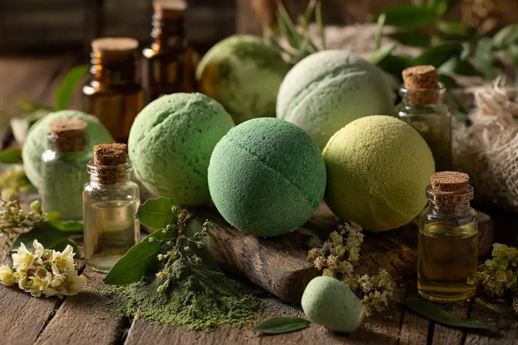 Green and yellow handmade bath bombs with essential oil bottles, herbs, and dried flowers on a rustic wooden table – natural spa-themed flat lay.