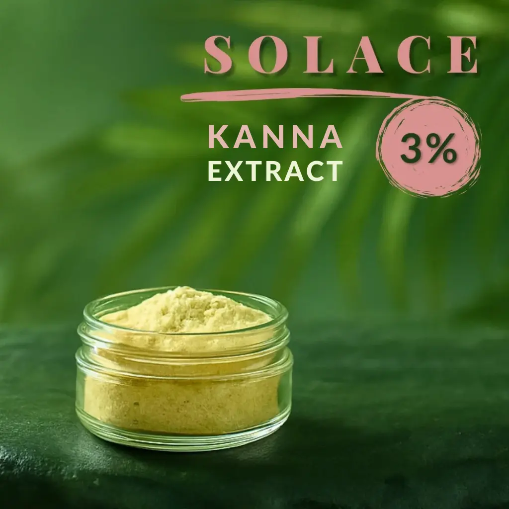 Product graphic reading ‘SOLACE’ and ‘KANNA EXTRACT’ with a ‘3%’ badge, above a glass jar filled with pale yellow powder on a blurred green leaf background.