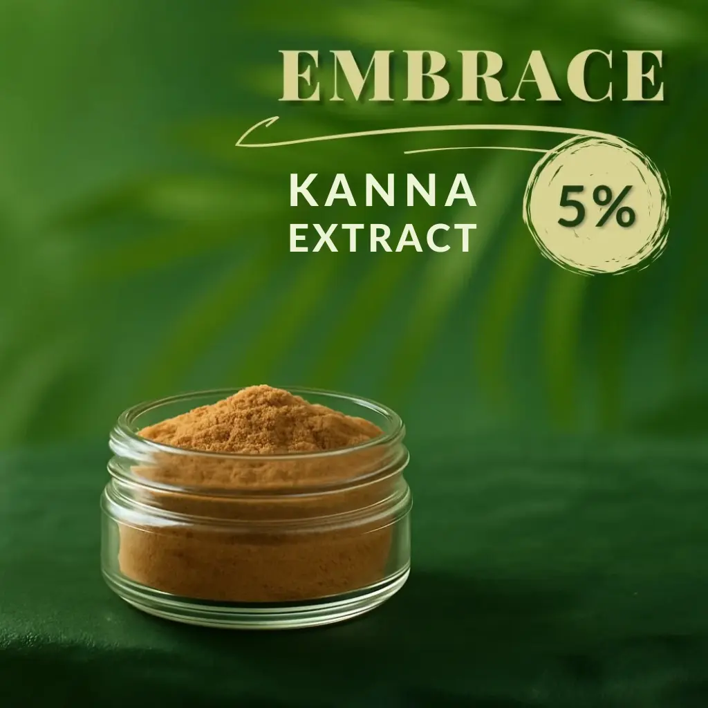Product graphic reading ‘EMBRACE’ and ‘KANNA EXTRACT’ with a ‘5%’ badge, above a glass jar filled with brown powder on a blurred green leaf background.
