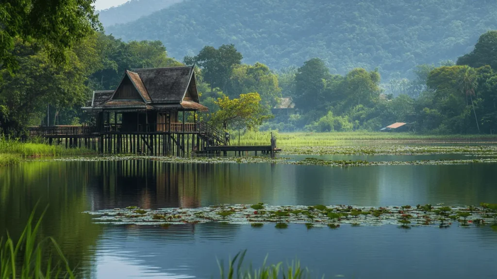 Pěkná kratomová farma v Thajsku před jezerem