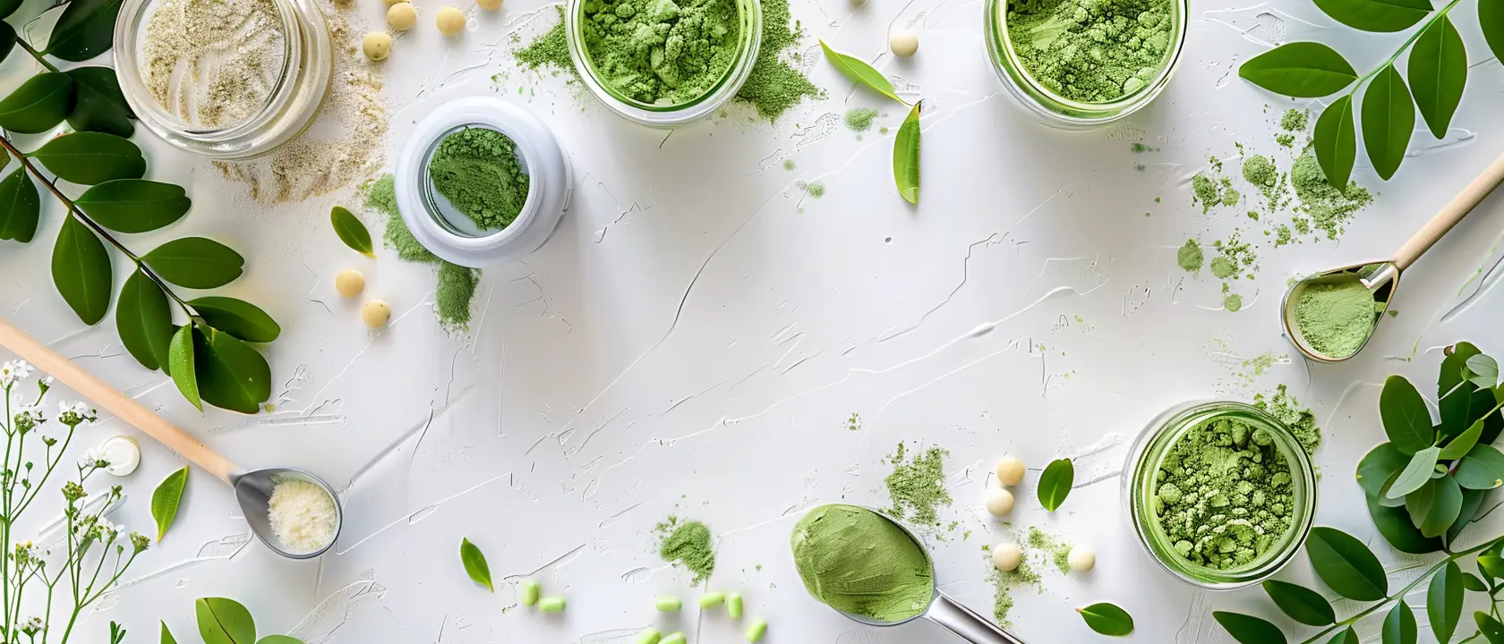 Flat lay of green botanical powder in glass jars and measuring spoons on a white textured surface, framed by fresh leaves and scattered powder, with ample copy space in the center.