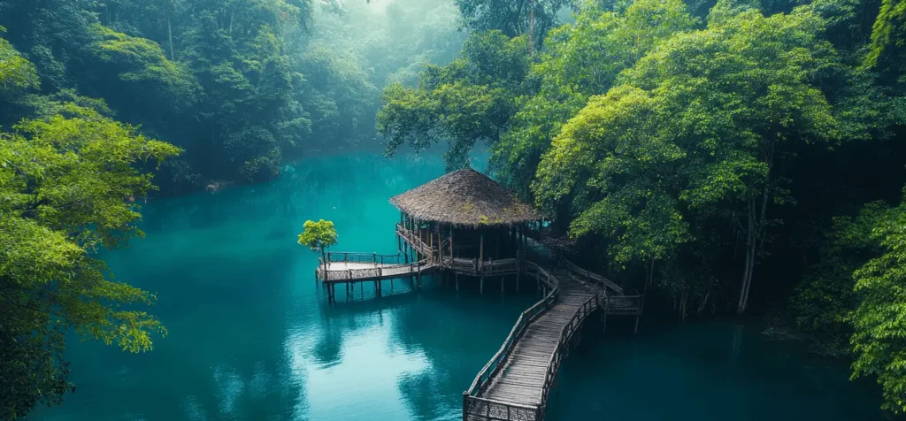 Farma Mitragyna javanica hirsuta, která se nachází v přední části jezera.