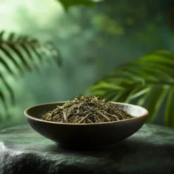 Een ondiepe kom van keramiek gevuld met gedroogde wilde sla (Lactuca virosa), bestaande uit groenbruine, schilferige blaadjes en kleine steeltjes, geplaatst op een gestructureerd oppervlak met een zachte, vage groene bladerachtergrond.