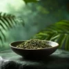 Zerkleinertes Zornia latifolia (Maconha Brava) getrocknetes botanisches Kraut in einer Schale mit natürlichem grünen Hintergrund