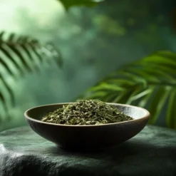 Zerkleinertes Zornia latifolia (Maconha Brava) getrocknetes botanisches Kraut in einer Schale mit natürlichem grünen Hintergrund