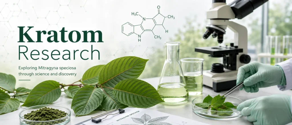 Scientific banner showing kratom leaves, lab glassware, a microscope, and gloved hands examining Mitragyna speciosa samples, representing Christopher McCurdy kratom research in a modern laboratory setting.