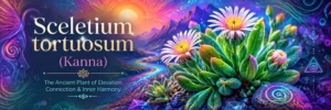 Sceletium tortuosum Kanna izzó szukkulens levelekkel, rózsaszín-fehér virágokkal, neon örvényekkel, misztikus szimbólumokkal és vibráló lila, teal, narancs és kék színekkel.