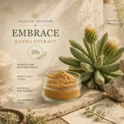 Product image for Embrace Kanna Extract 5%, showing a glass jar of golden-brown powder beside a flowering succulent, with elegant botanical branding and text describing Southern Africa sourcing, analytical testing, botanical raw material, and phytochemical focus.