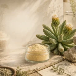 A glass jar filled with light beige kanna extract powder is displayed on a sunlit stone surface next to a flowering succulent, dried herbs, botanical sketches, and subtle chemistry-inspired graphics.