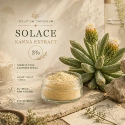 Product image for Solace Kanna Extract 3%, featuring a glass jar of light beige powder beside a flowering succulent, with botanical illustrations, chemical structure graphics, and text highlighting Southern Africa sourcing, analytical testing, botanical raw material, and phytochemical focus.