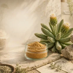A glass jar of golden-brown kanna extract powder sits on a natural stone surface beside a flowering succulent plant, botanical papers, herbs, and soft beige laboratory-inspired details.