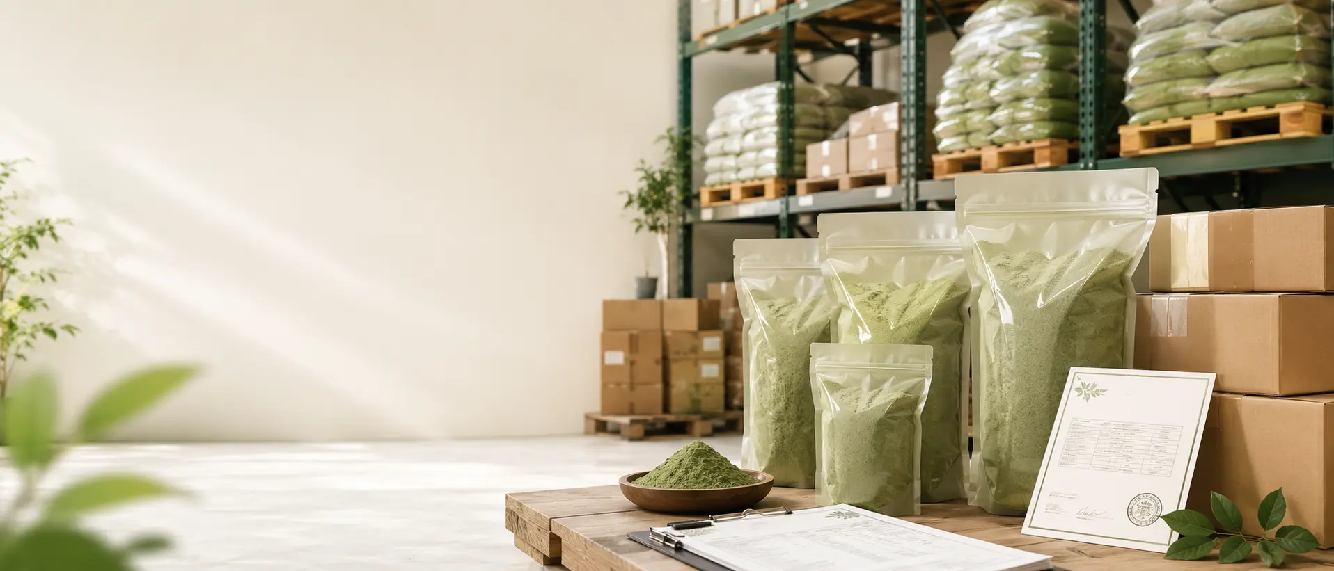 Kratom wholesale Europe banner showing bulk botanical powder bags, shipping boxes and lab test documents in a professional EU logistics setting