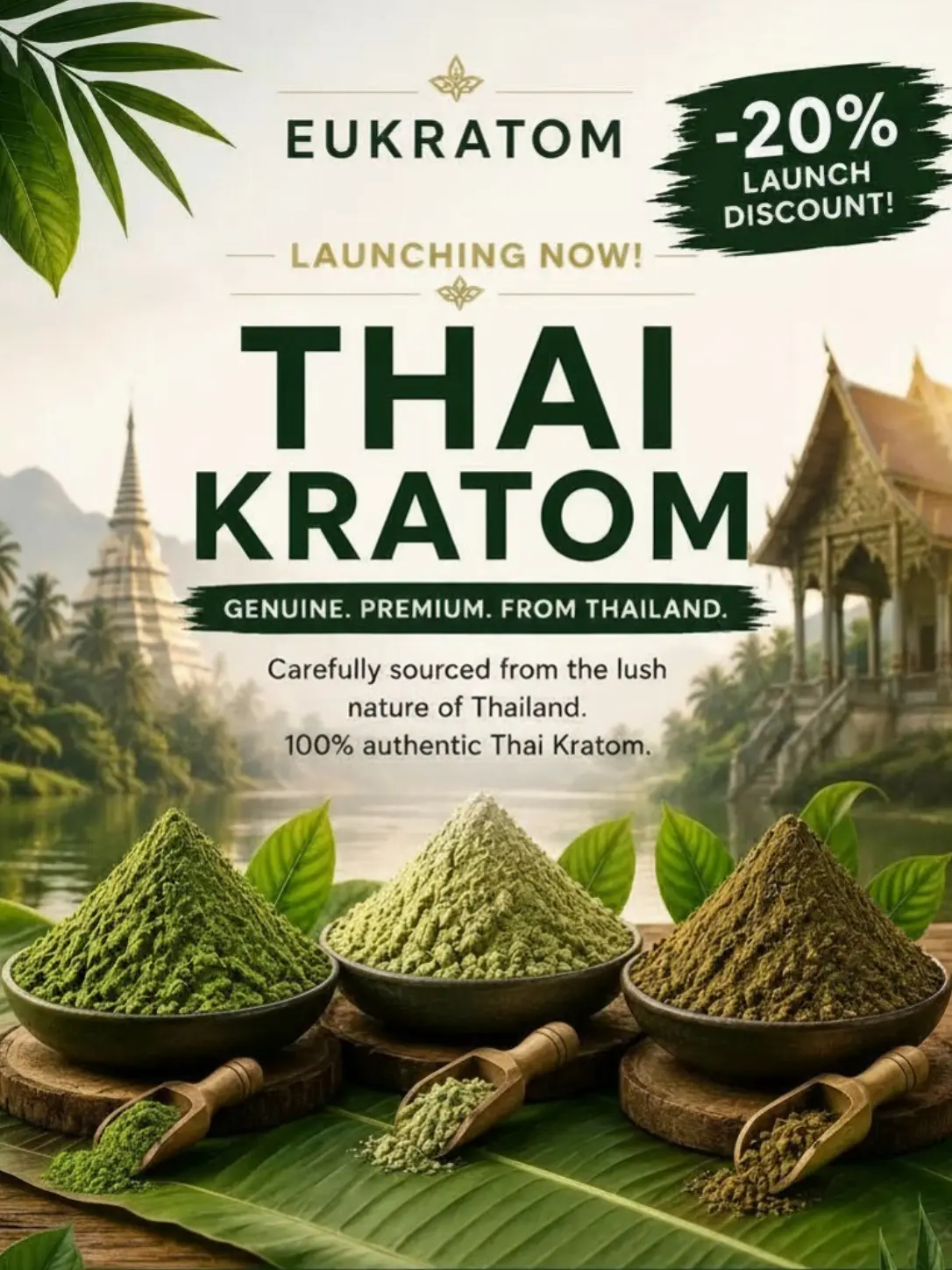 Premium Thai Kratom launch banner featuring Green Thai, White Thai and Red Thai powders in a tropical Thailand-inspired setting, with 20% launch discount.