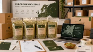Bulk kratom Europe order preparation with botanical powder bags, shipping boxes and B2B packaging samples