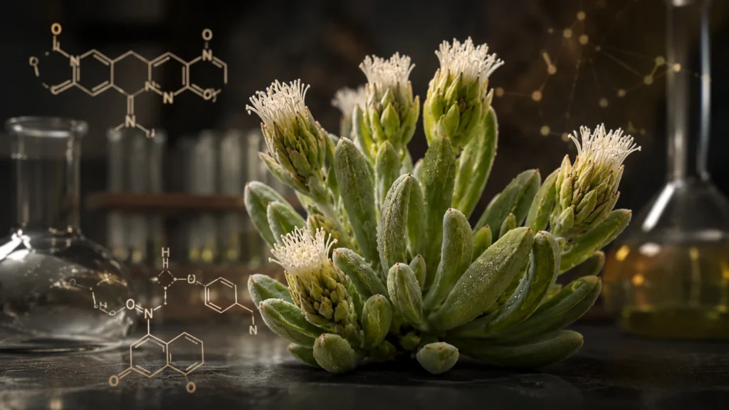 Scientific image of Sceletium tortuosum kanna plant with subtle molecular structures representing mesembrine and mesembrenone alkaloids