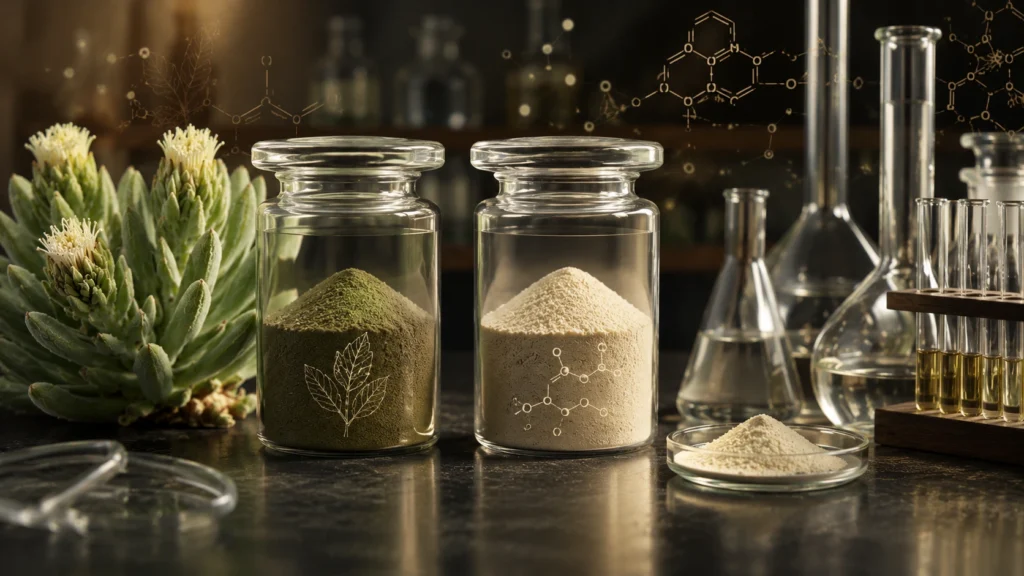 Kanna Sceletium tortuosum extract powder with scientific quality control and alkaloid standardization concept