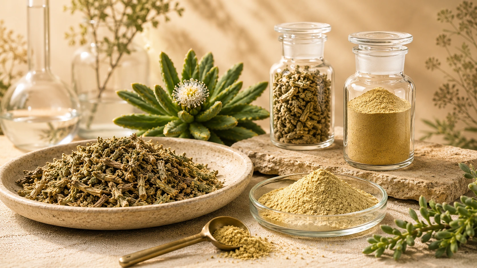 Kanna Sceletium tortuosum botanical raw material and extract powder in glass jars for technical and research use