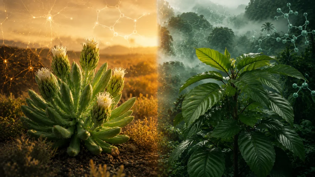 A kanna és a kratom botanikai összehasonlítása, amelyben a Sceletium tortuosumot aranyszínű sivatagi környezetben, a Mitragyna speciosát pedig buja trópusi dzsungelben ábrázolják, filmre emlékeztető tudományos stílusban.