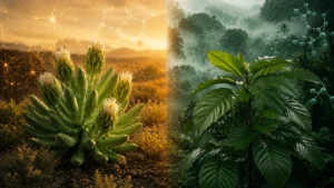 A kanna és a kratom botanikai összehasonlítása, amelyben a Sceletium tortuosumot aranyszínű sivatagi környezetben, a Mitragyna speciosát pedig buja trópusi dzsungelben ábrázolják, filmre emlékeztető tudományos stílusban.
