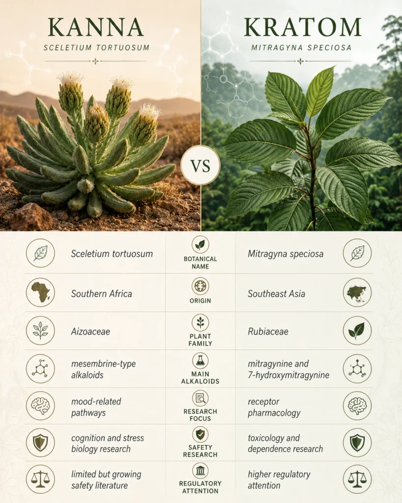 Scientific infographic comparing kanna and kratom, showing Sceletium tortuosum and Mitragyna speciosa with key differences in origin, alkaloids, research focus and safety literature.