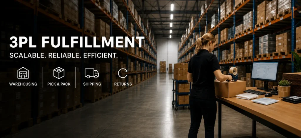 3PL fulfillment banner showing warehouse racks, an employee packing a box at a workstation, and icons for warehousing, pick and pack, shipping, and returns.