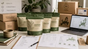 Proveedor mayorista de Kratom en Europa con bolsas botánicas a granel, cajas de envío y documentación del producto para compradores B2B