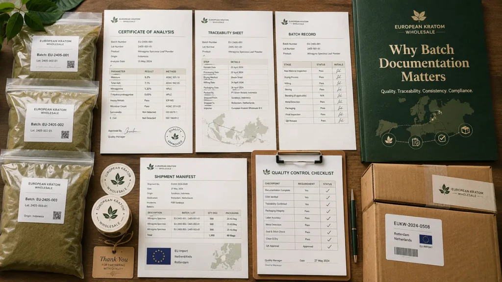 Lab-tested kratom wholesale batch documentation with botanical bags, quality control checklist and B2B shipping boxes