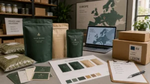 Envasado de kratom Europa de marca blanca con bolsas en blanco, maquetas de etiquetas y bolsas botánicas a granel para suministro B2B