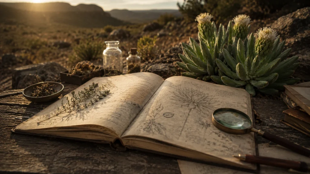 Sceletium tortuosum kanna field research scene with botanical notebook and plant specimens in a South African landscape