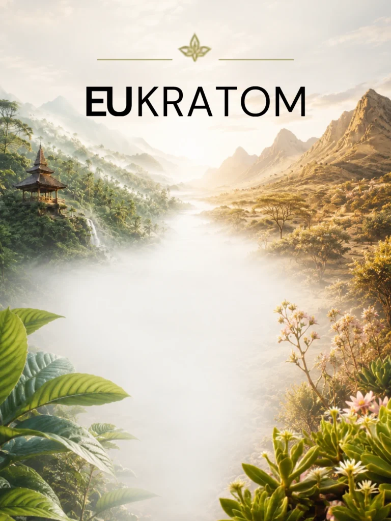 Scenic tropical banner with lush green leaves, misty mountains, a calm lake, and traditional Asian temple architecture, created for a “Buy kratom online” wellness-themed website.