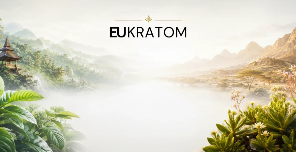 Scenic tropical banner with lush green leaves, misty mountains, a calm lake, and traditional Asian temple architecture, created for a “Buy kratom online” wellness-themed website.